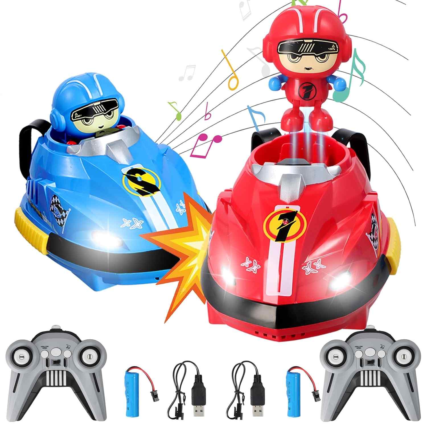 Set of 2 RC Bumper Cars with Ejectable Robots, LED and Rechargeable Battery, Interactive Toy for Children Boys and Girls