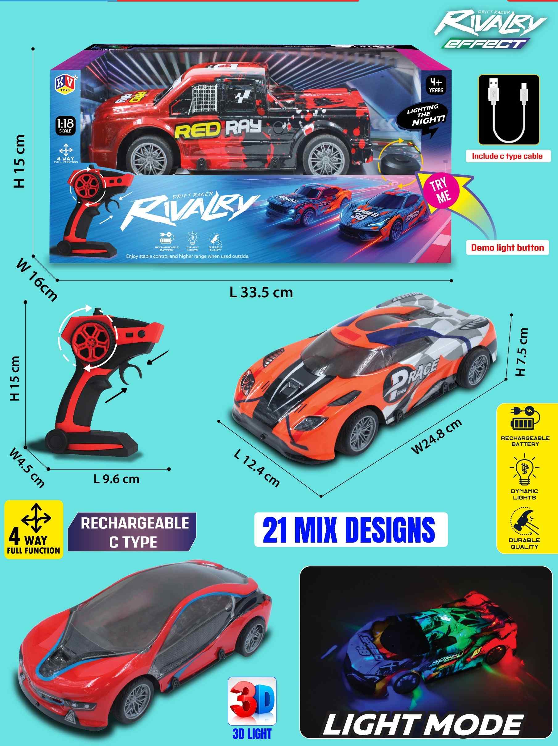 Rivalry Rechargeable NEON Remote Controlled Car 592 - Abs Plastic, Standard Size, Multi Color | Battery Powered, High Speed, Lightweight, Durable