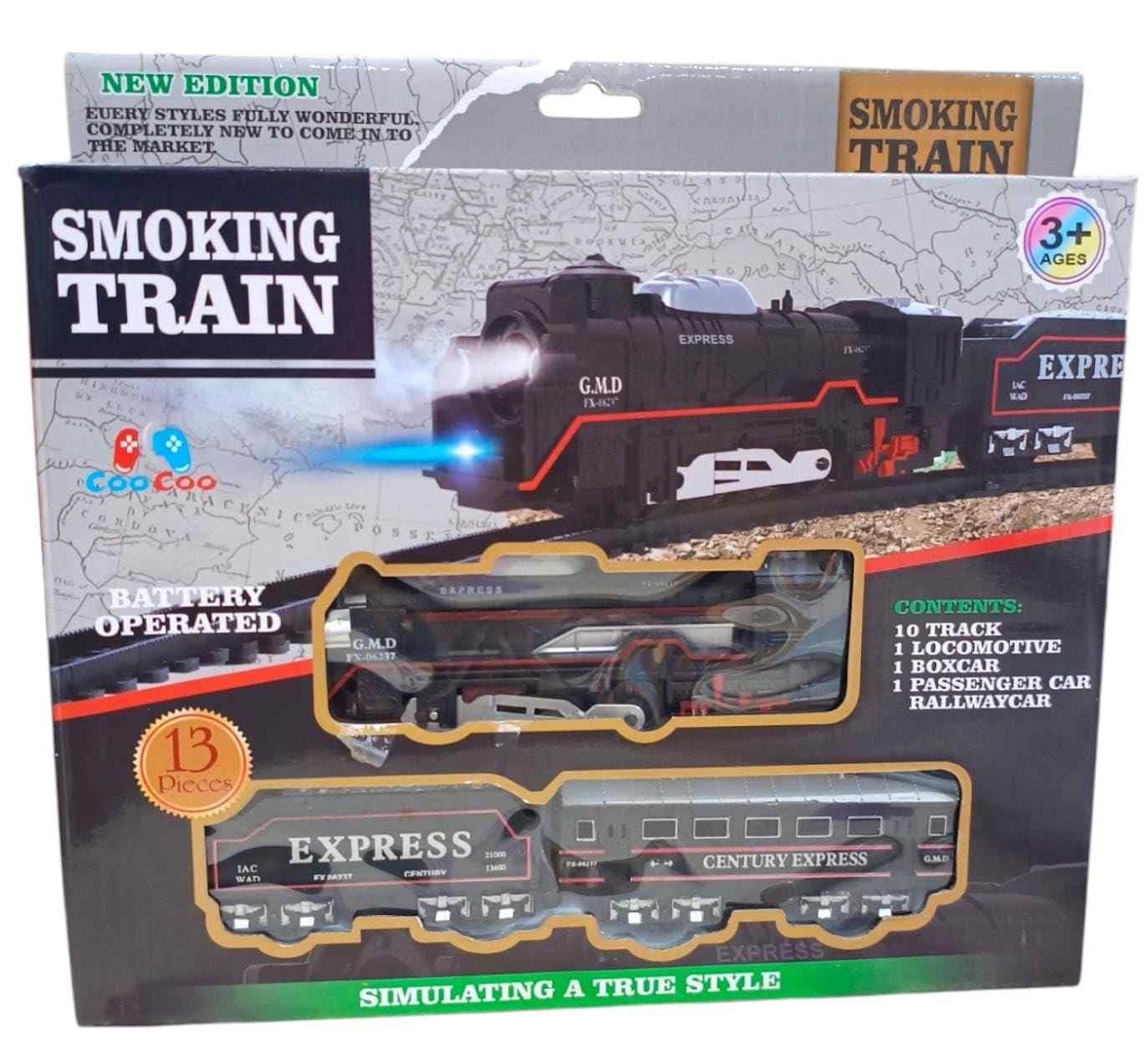 Smoking Train Rechargeable Battery Operated Electric Train Set, 13 Pieces with Lights and Sound, Express Locomotive with Track