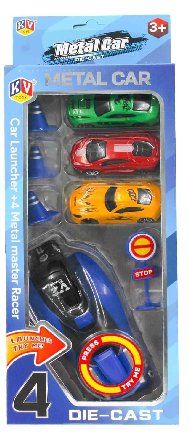 Rapid Launcher High Speed Car Set | 4-Piece Die-Cast Metal Car Set for Kids | with High-Speed Launcher | Includes 3 Road Blockers & 1 Stopper | Perfect for Kids 3+