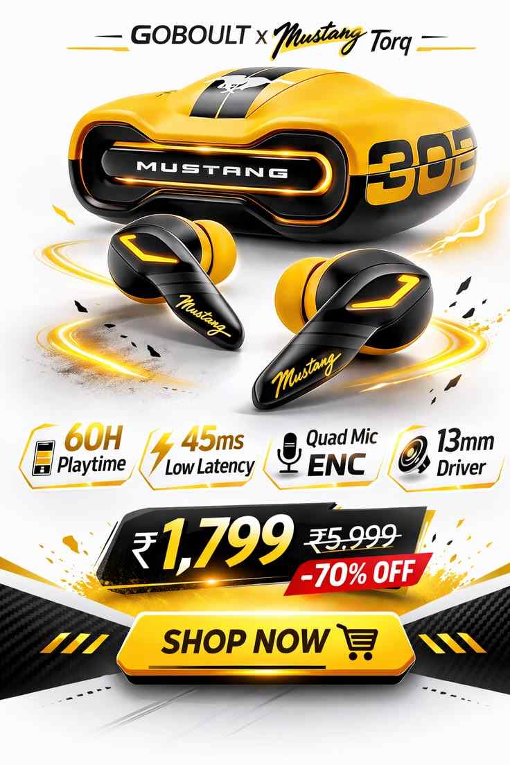 GOBOULT Mustang Torq Wireless in Ear Earbuds with 60H Playtime, App Support, Quad Mic ENC, 45ms Low Latency, 13mm Driver, Breathing LEDs, Made in India Ear Buds Wireless (Yellow) 